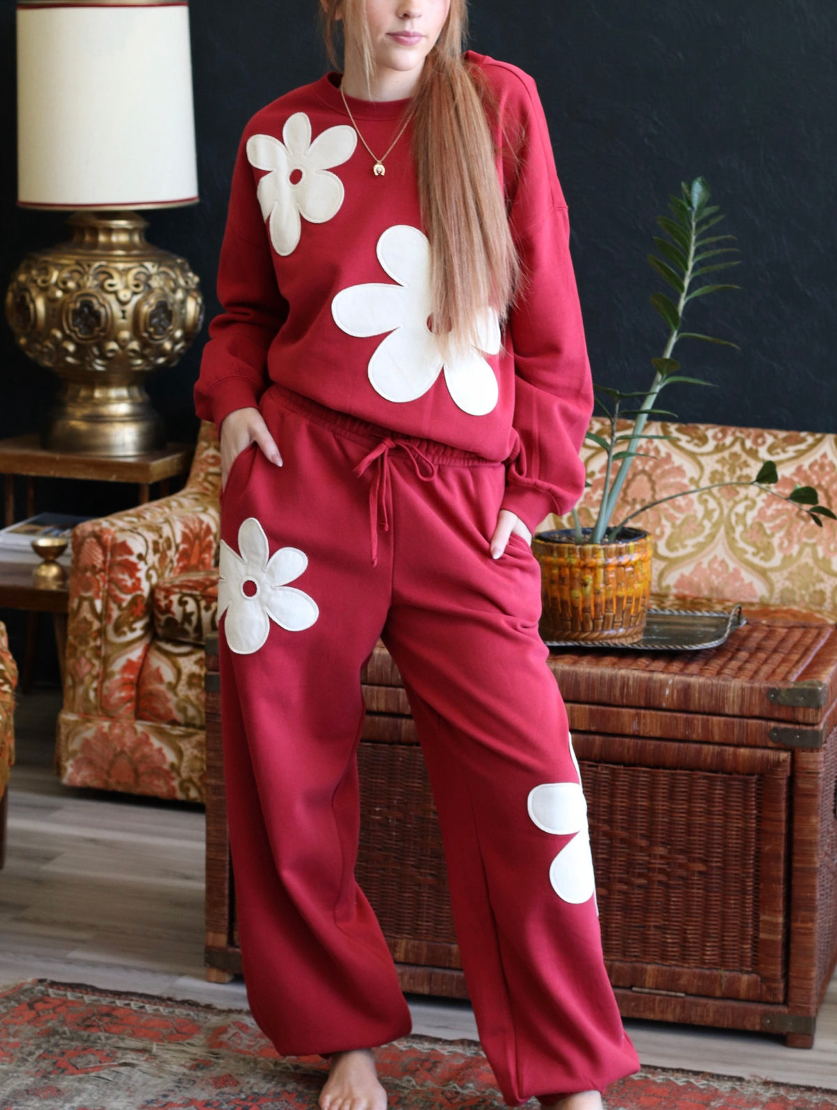 Red Floral Applique Crew Neck
