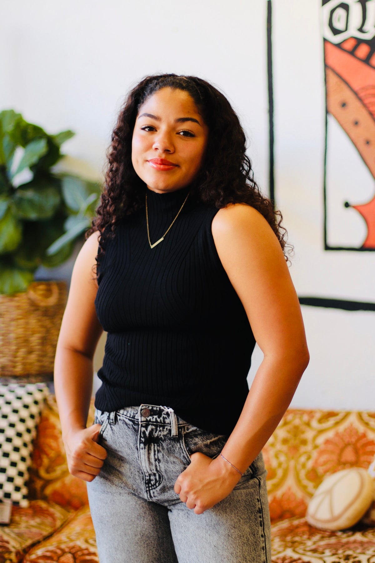 Sleeveless High Neck Ribbed Top + Black