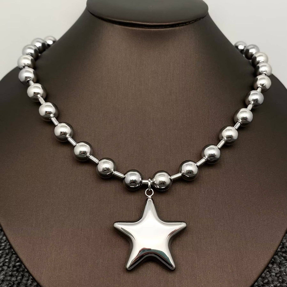 Stainless Steel Big Star Charm Beaded Necklace