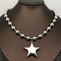 Stainless Steel Big Star Charm Beaded Necklace