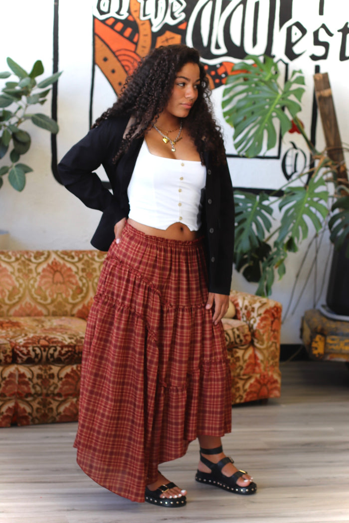 Apple Cider Plaid Midi Skirt