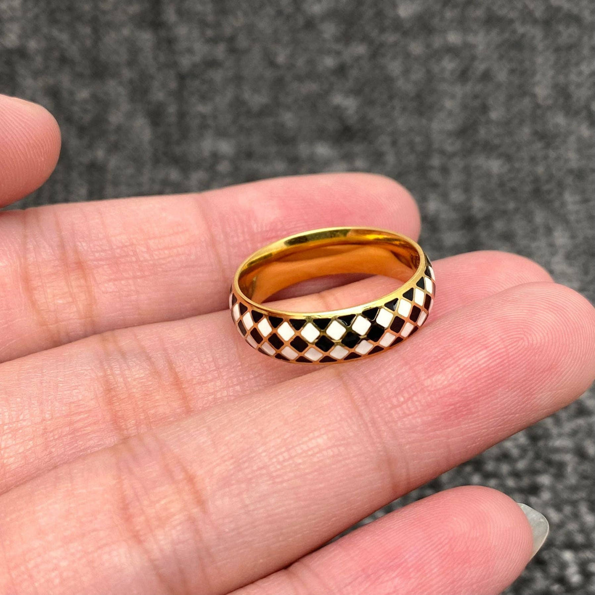 B&W Checkered 18K Gold Plated SS Ring