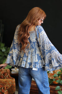 Amy Blue Flowy Bell Sleeve Top