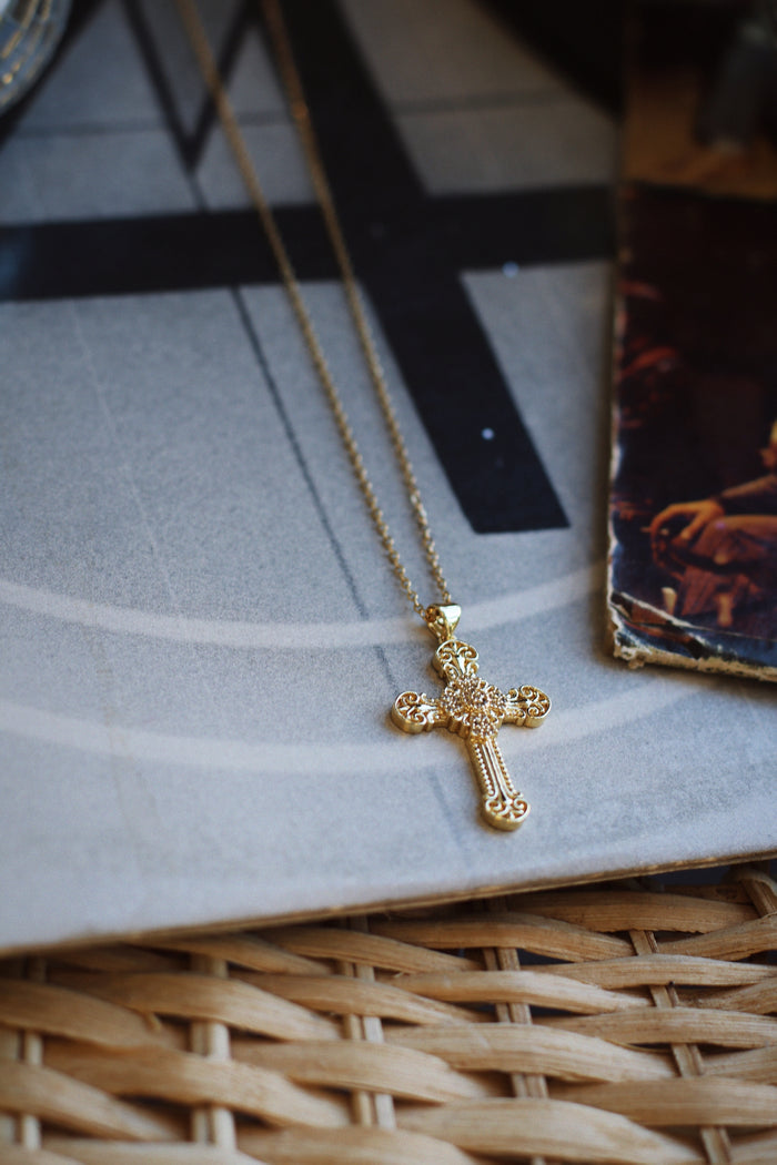 CZ Filigree GP Cross Necklace