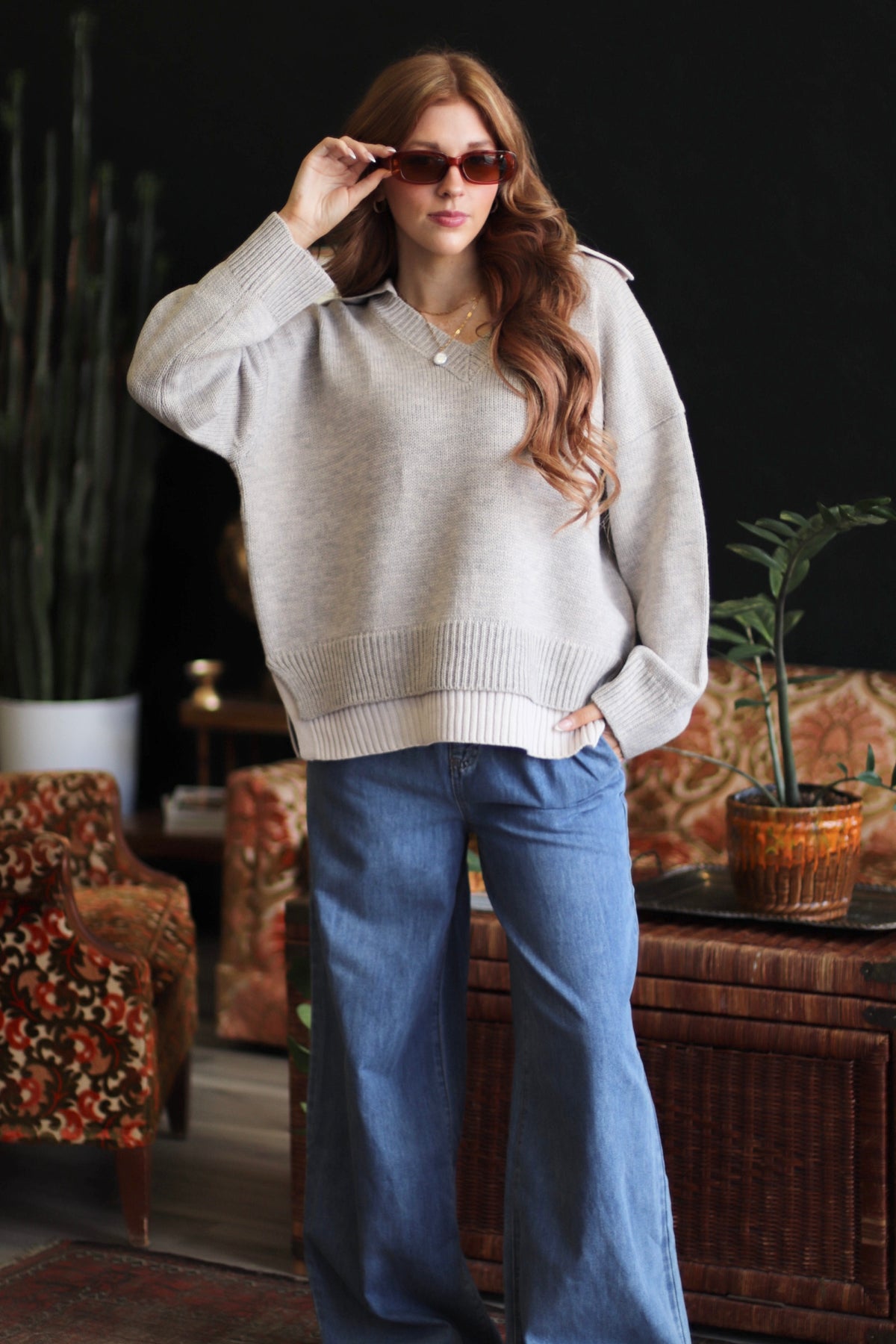 Veronica Collared V-Neck Sweater + Beige/Grey