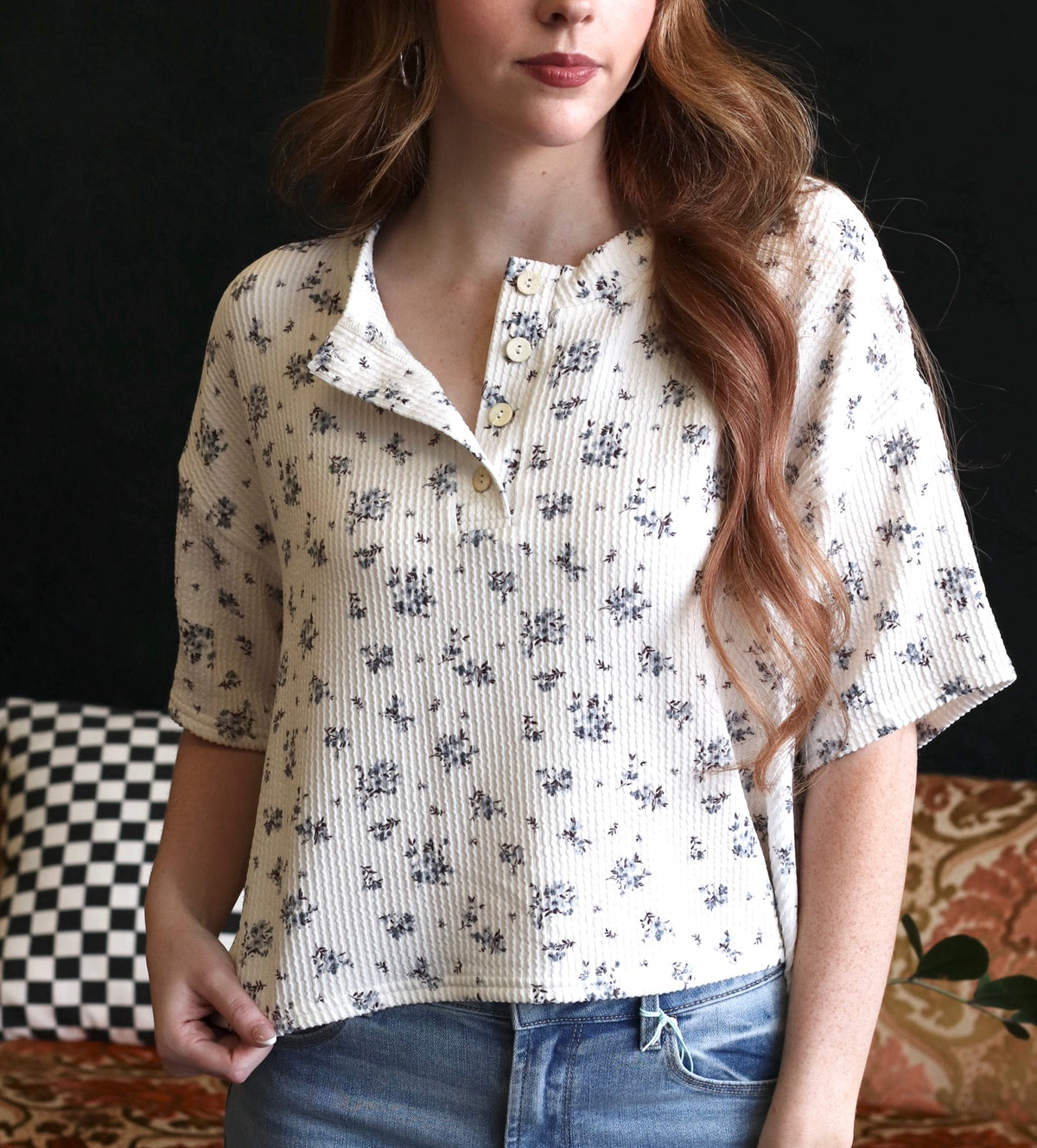 Ivory Cottagecore Henley Floral Top