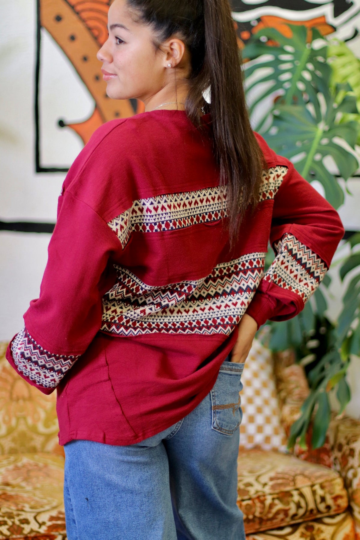 Oversized Contrast Knit Top in Wine