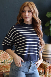 Navy Short Sleeve Striped Knit Top