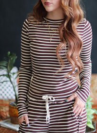 Brown Striped Ribbed Knit Long Sleeve Top & Pants Set
