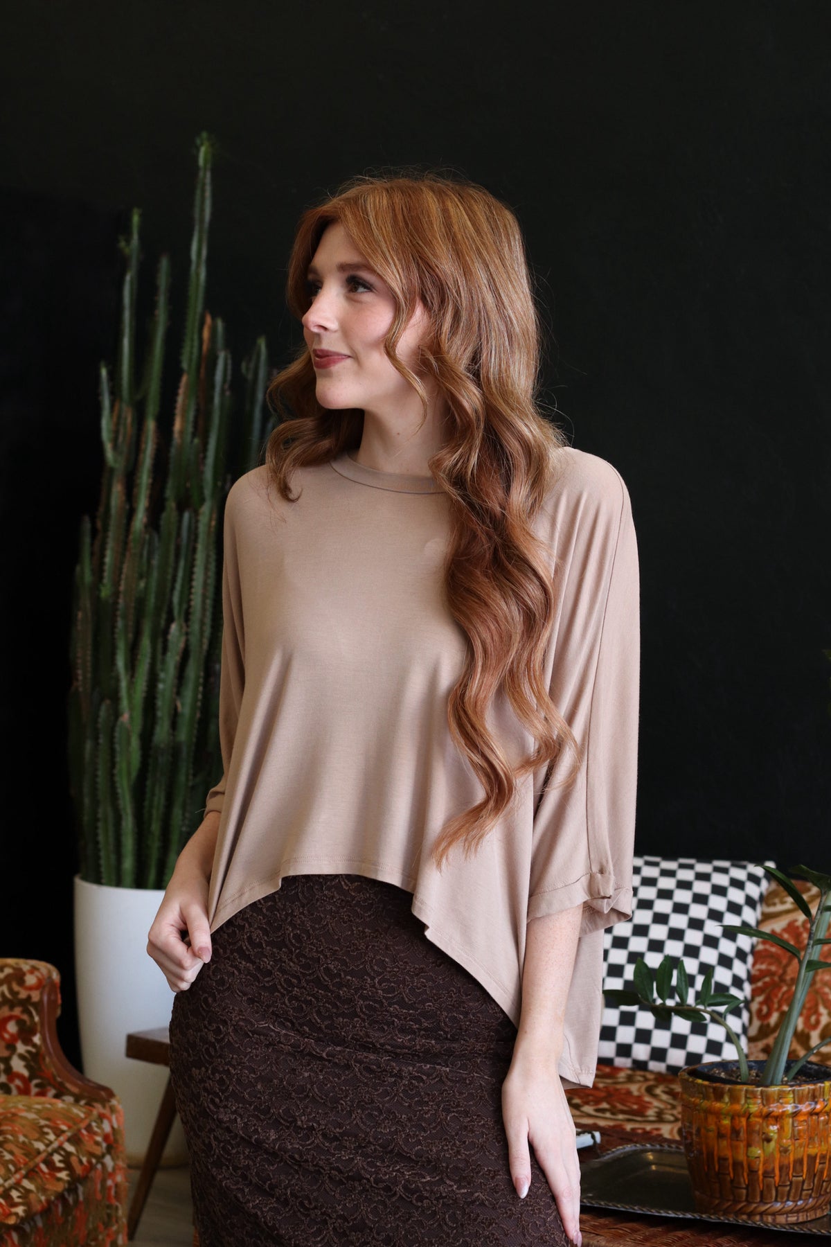 Taupe High-Low Batwing Sleeve Top