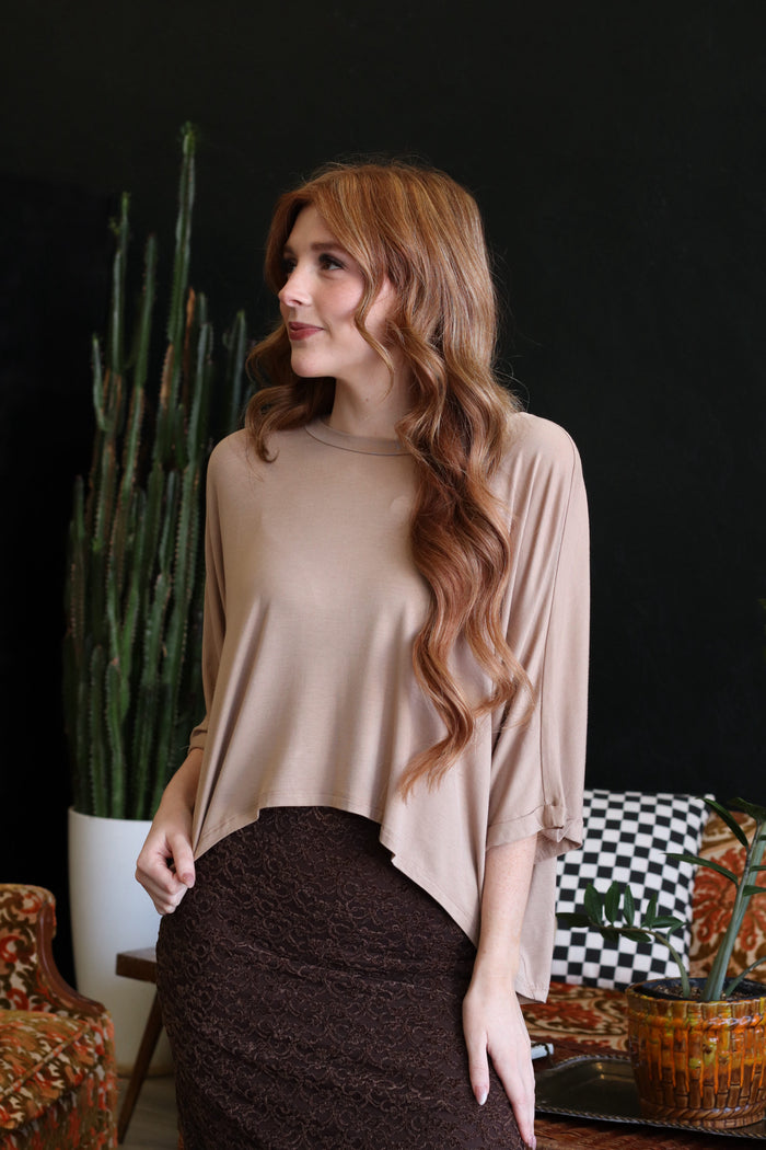 Taupe High-Low Batwing Sleeve Top