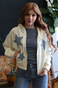 Cream Star Patch Zip-Up Hoodie