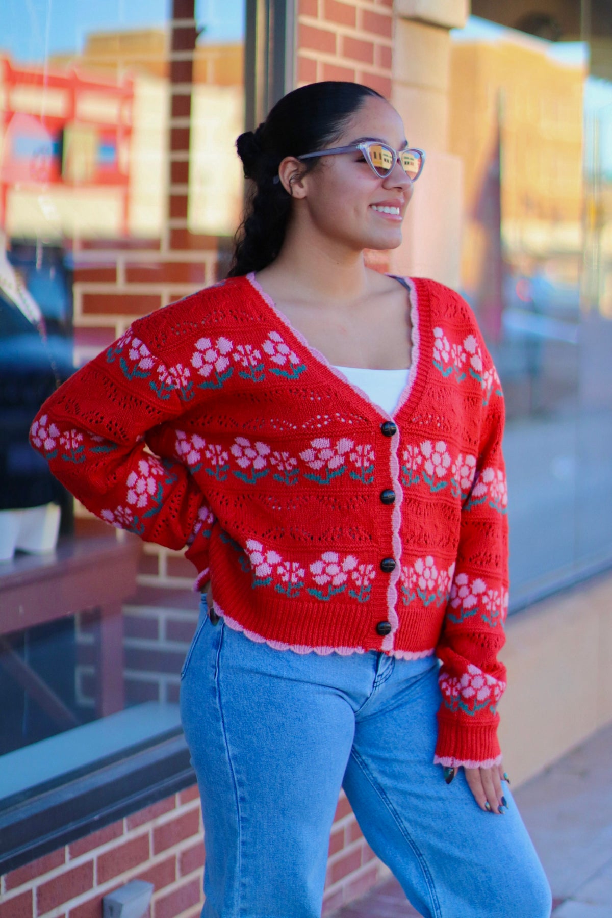 Cutie Red Floral Knit Cardigan