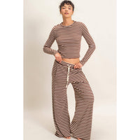 Brown Striped Ribbed Knit Long Sleeve Top & Pants Set