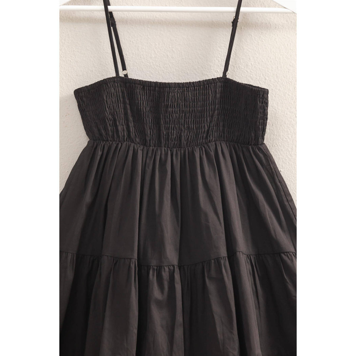 Cotton Smocked Tiered Mini Dress in Black