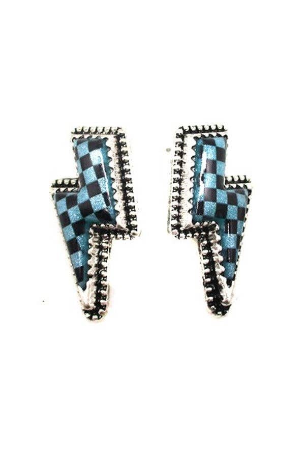 CHECKER THUNDER BOLT STUD EARRINGS: White