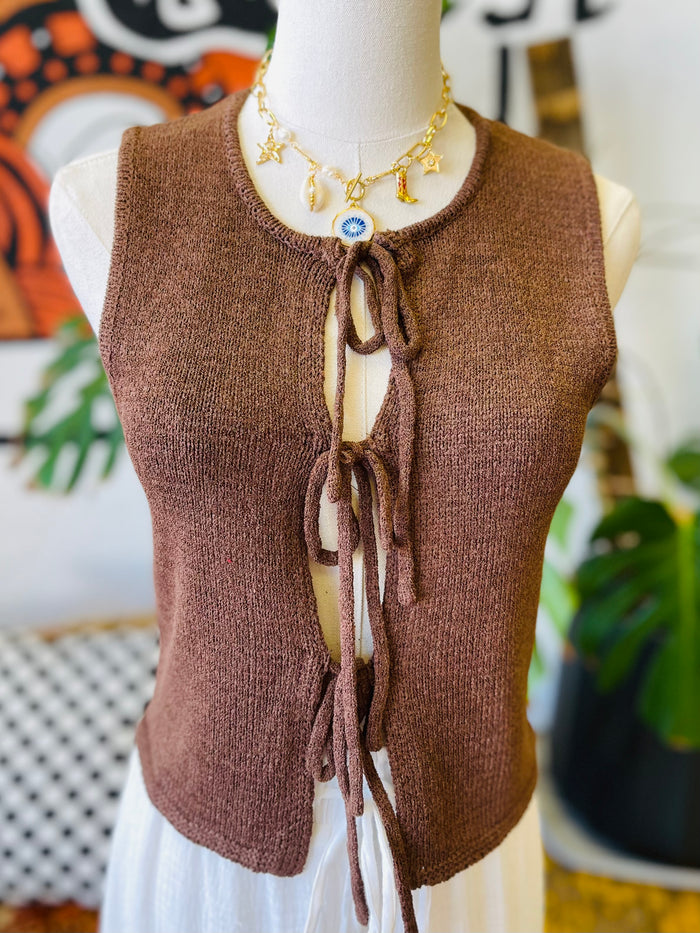Macy Front Tie Vest in Brown