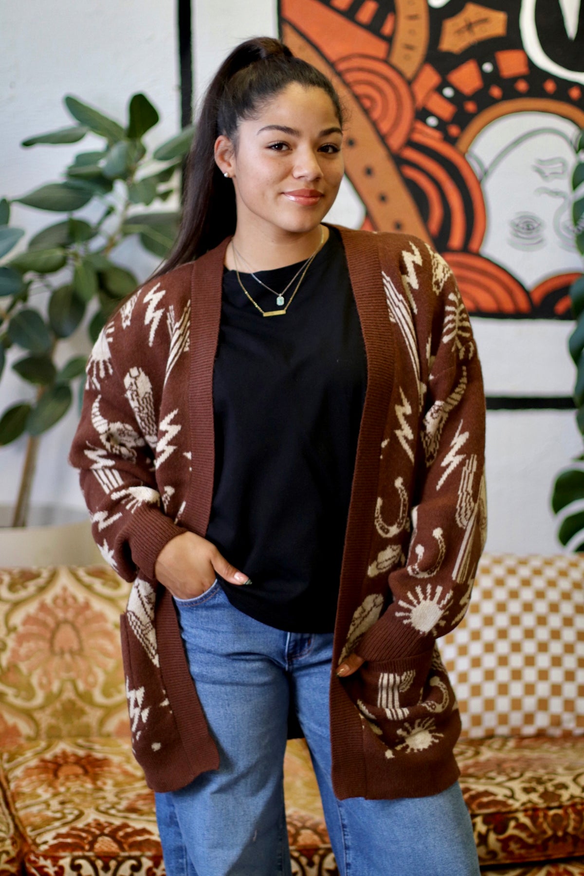 Oversized Western Knit Sweater Cardigan Brown