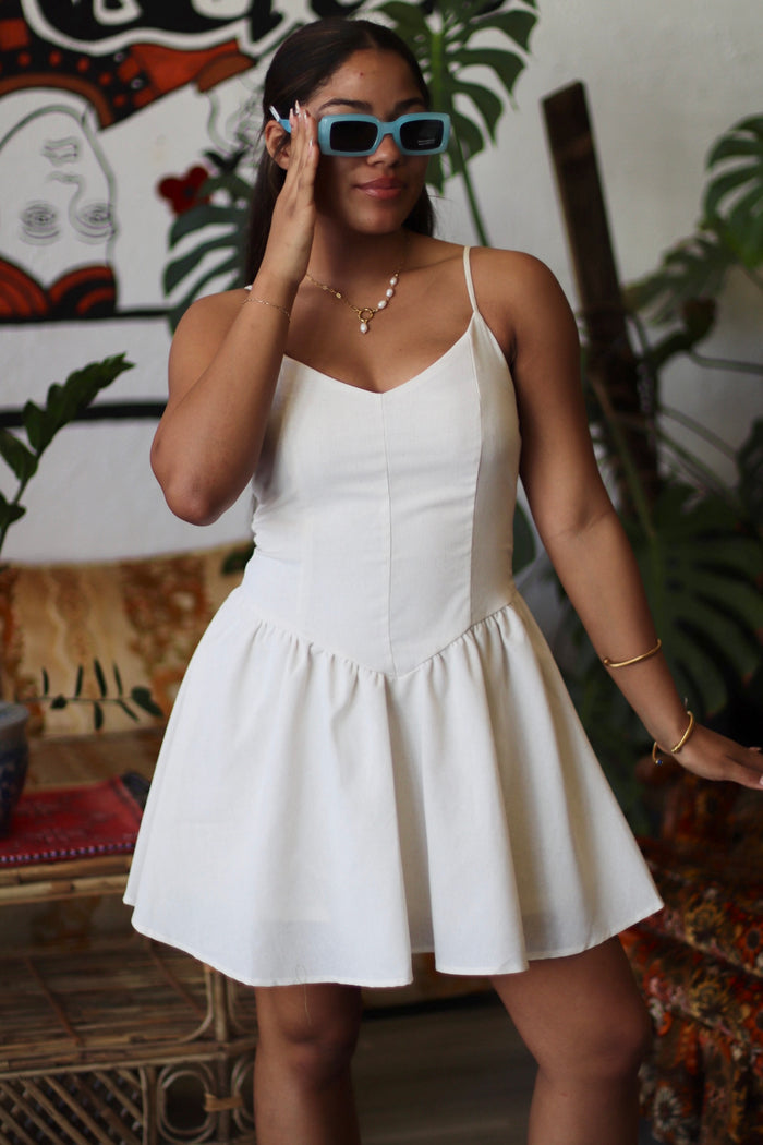 Angel Basque Waist Linen Mini Dress in White