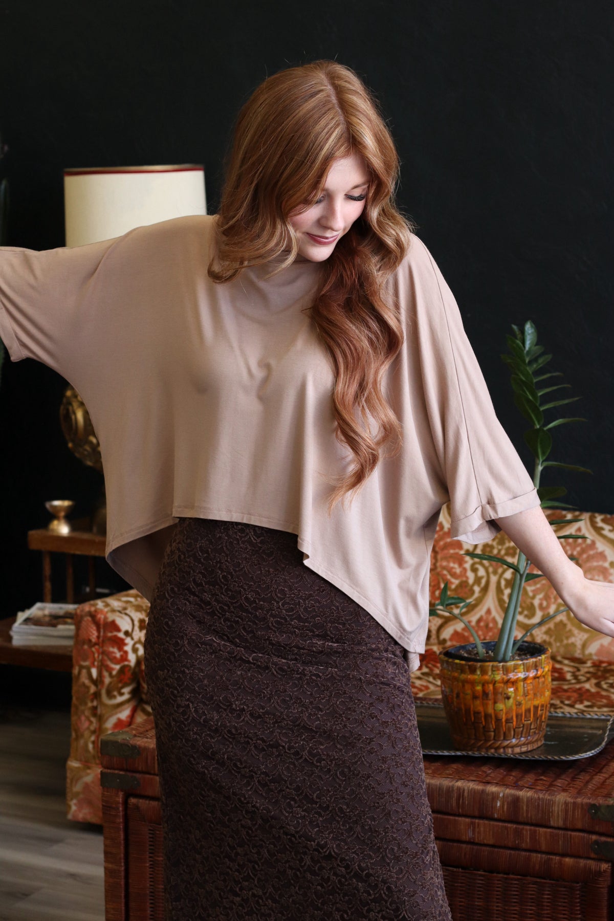 Taupe High-Low Batwing Sleeve Top