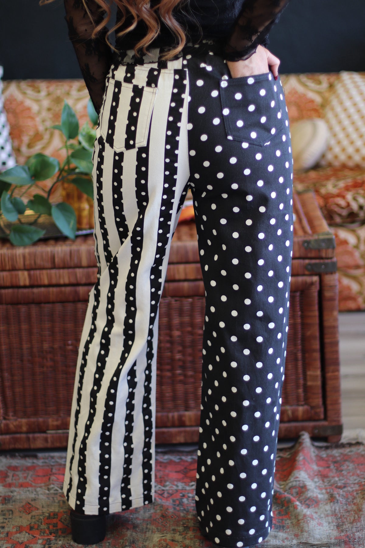 Split Personality Polka Dot & Striped Wide Leg Pants in Black