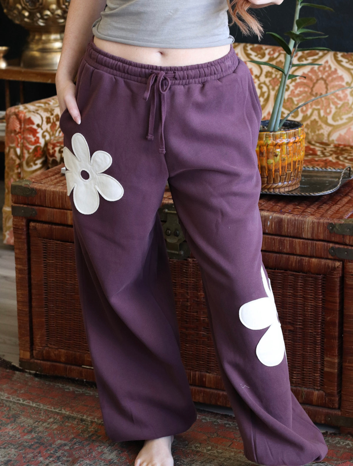 Plum Floral Applique Drawstring Jogger Pants
