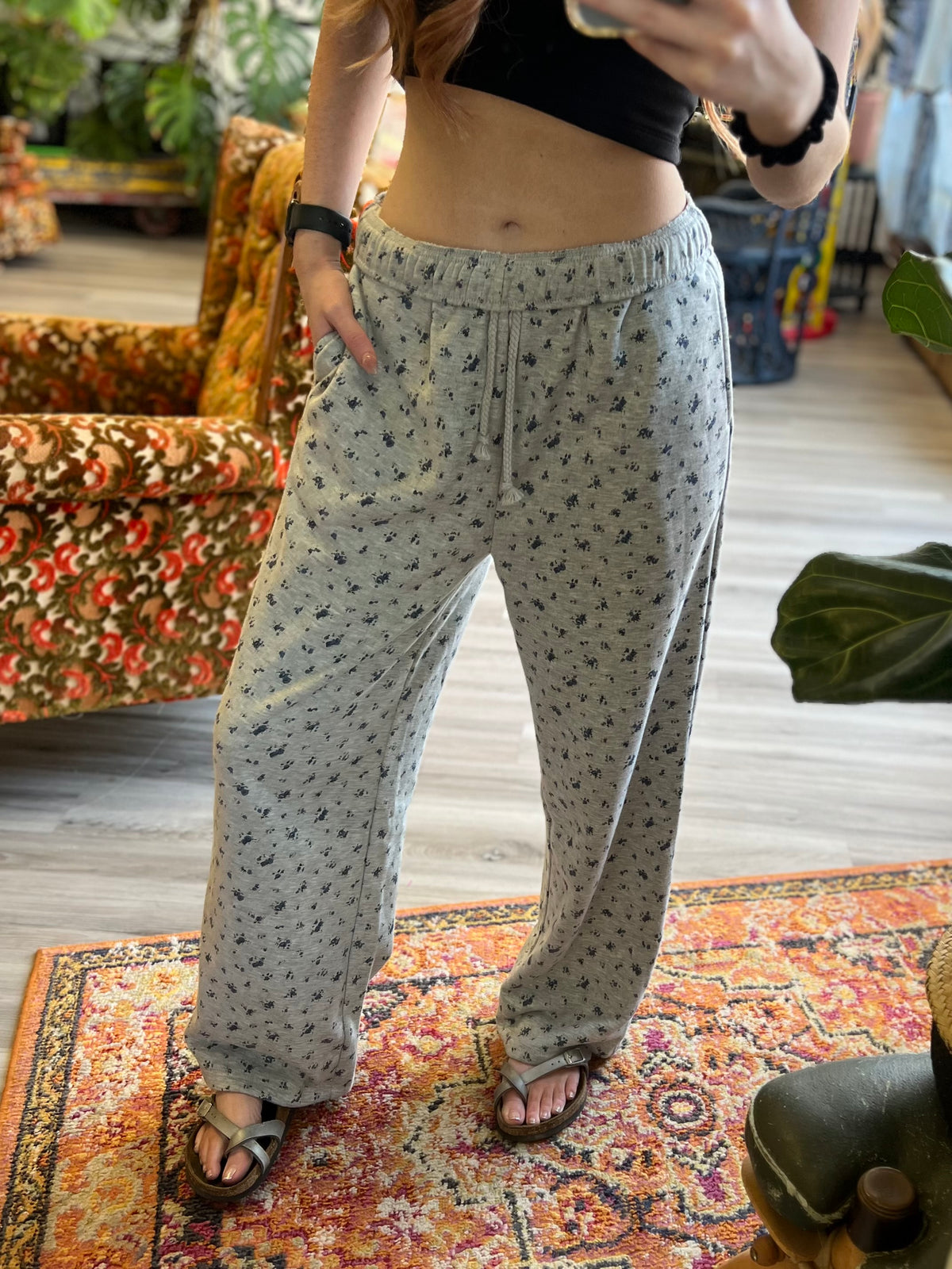 Rory Grey Floral Print Wide Leg Casual Pants
