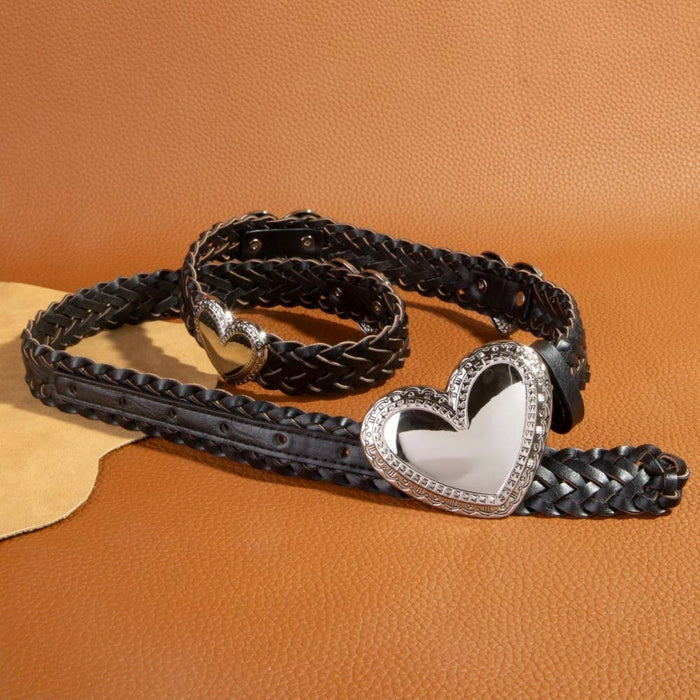 Heart Buckle Braided Vegan Leather Belt