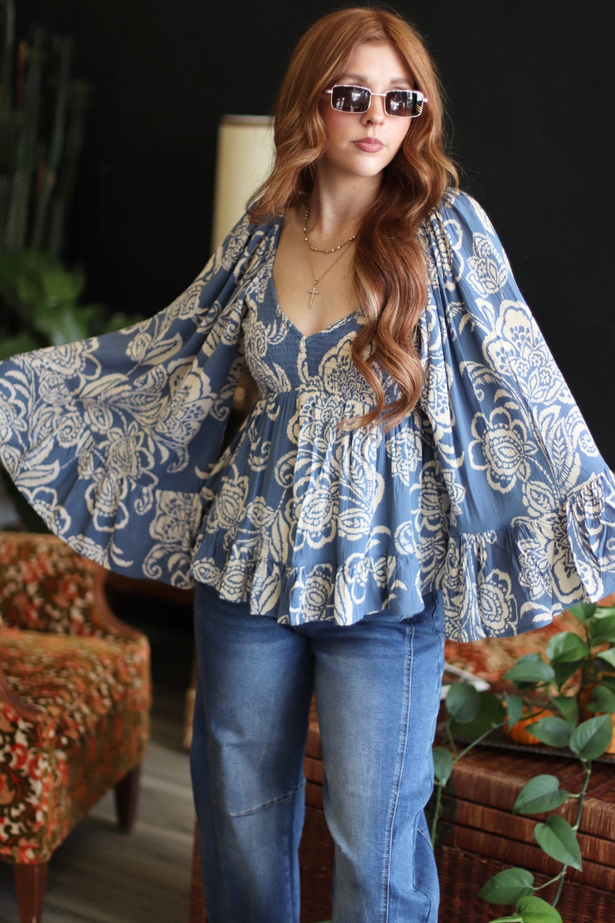 Amy Blue Flowy Bell Sleeve Top