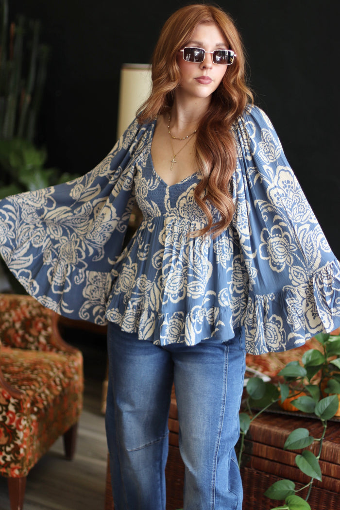 Amy Blue Flowy Bell Sleeve Top