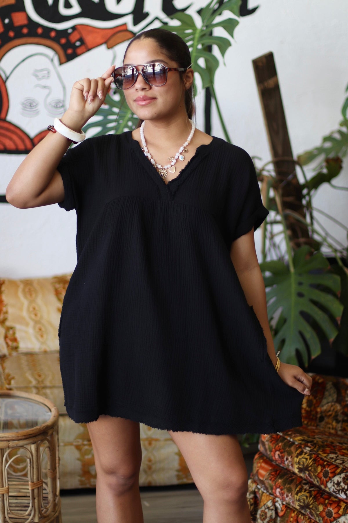 Breeze V Neck Black Mini Dress