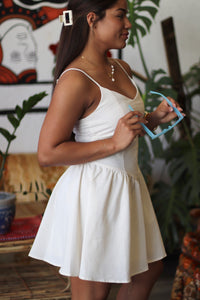 Angel Basque Waist Linen Mini Dress in White