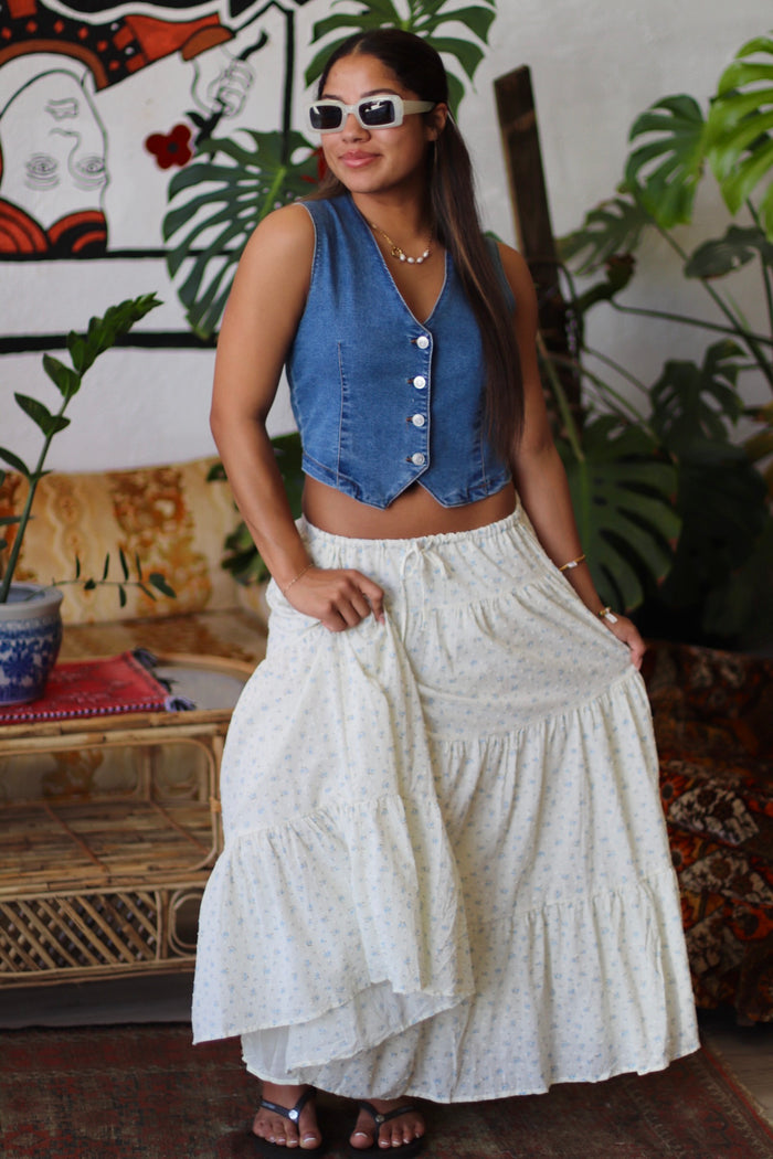 Cream & Blue Floral Tiered Skirt