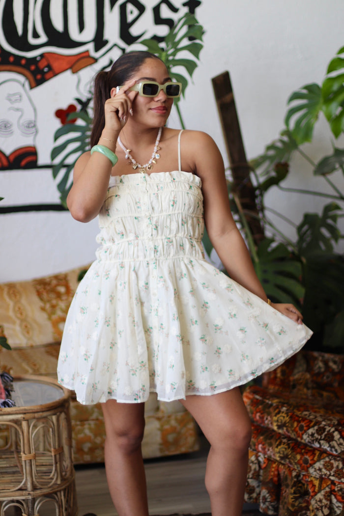Cream Shirred Floral Button-Front Mini Dress