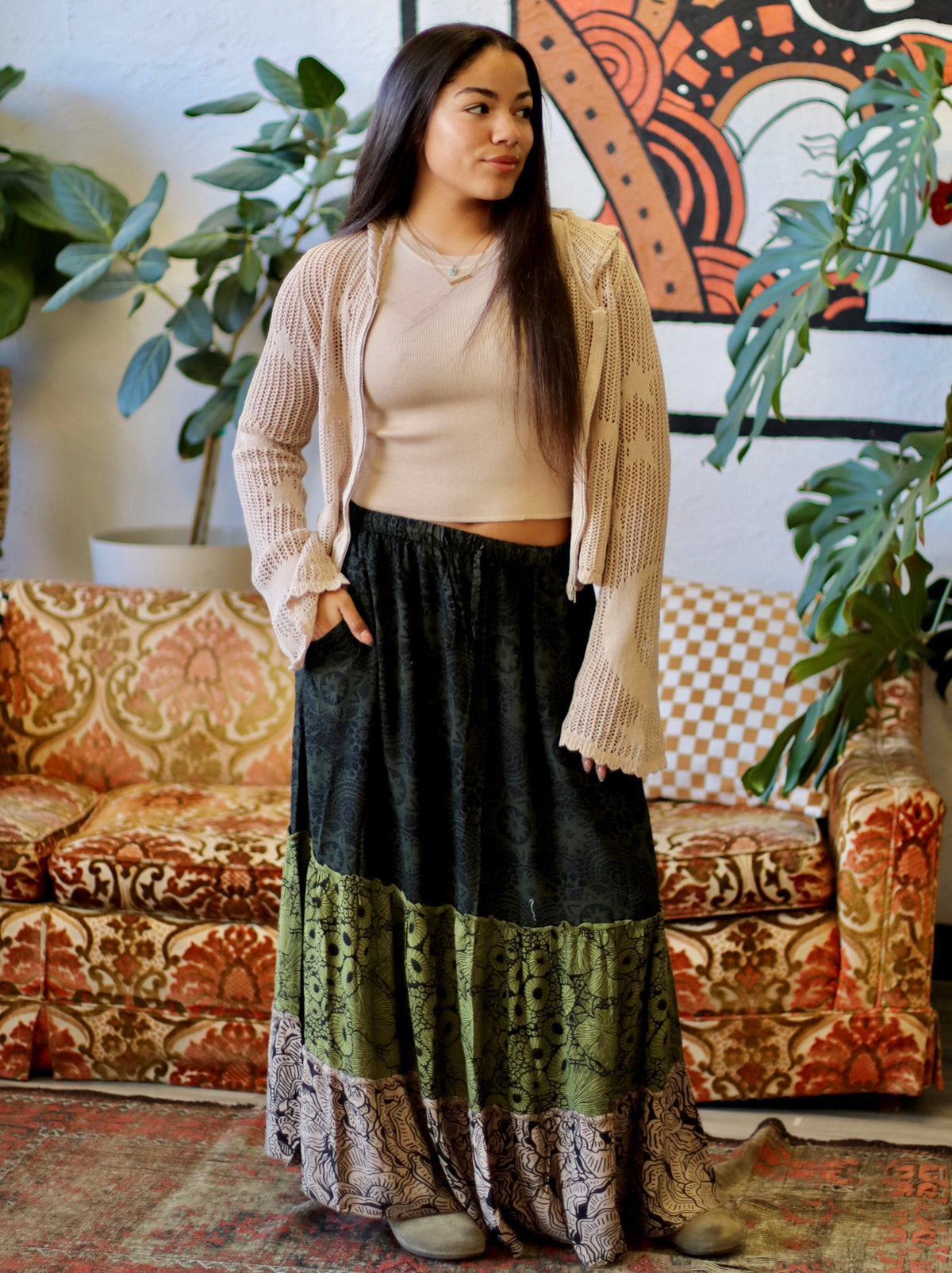 Tiered Mix Print Maxi Skirt in Green