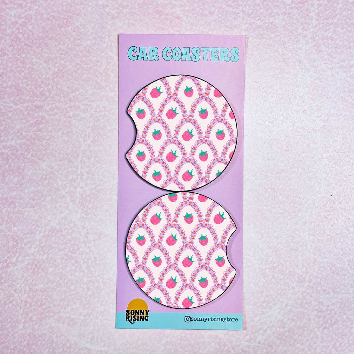 Pink Strawberry Pattern Car Coaster Set of 2