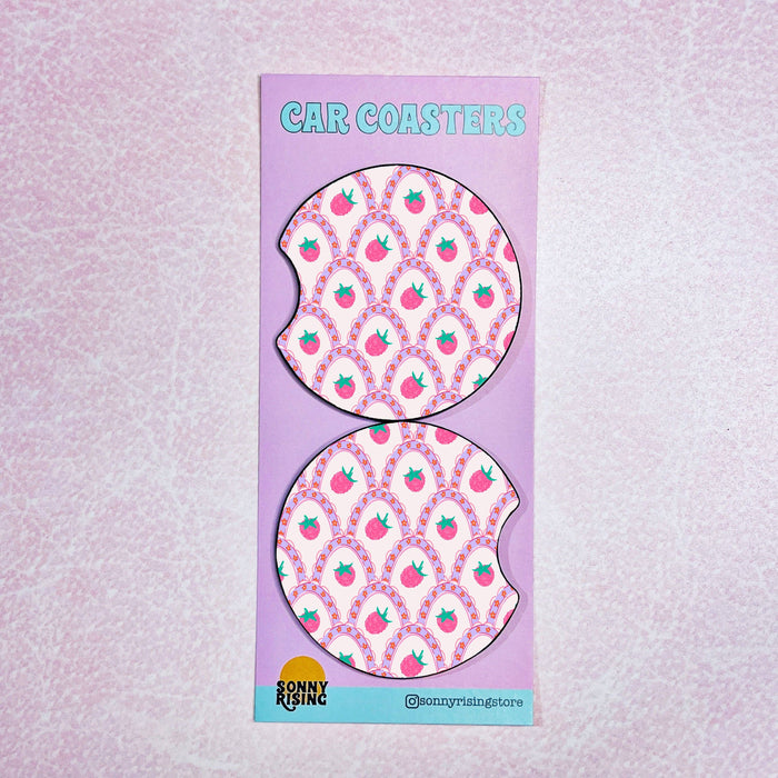 Pink Strawberry Pattern Car Coaster Set of 2