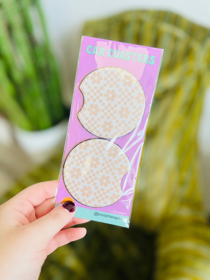 Neutral Checkered Daisy Pattern Car Coaster Set of 2