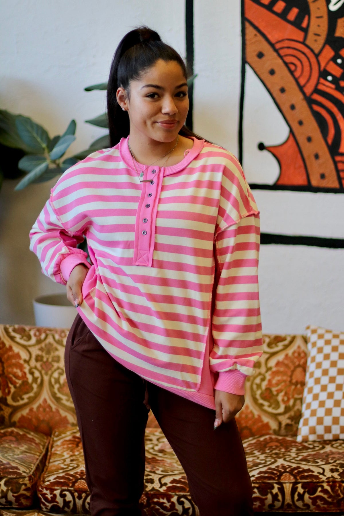 Pink Striped Half Button Down Top