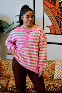 Pink Striped Half Button Down Top