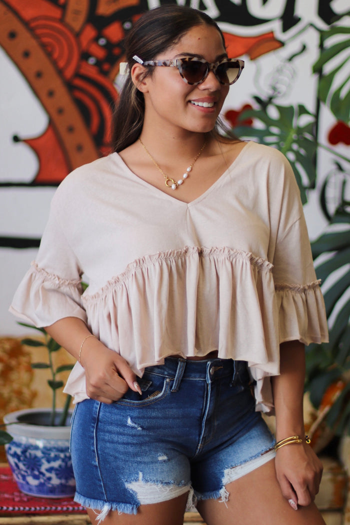 V-Neck Ruffle Hem Top in Almond