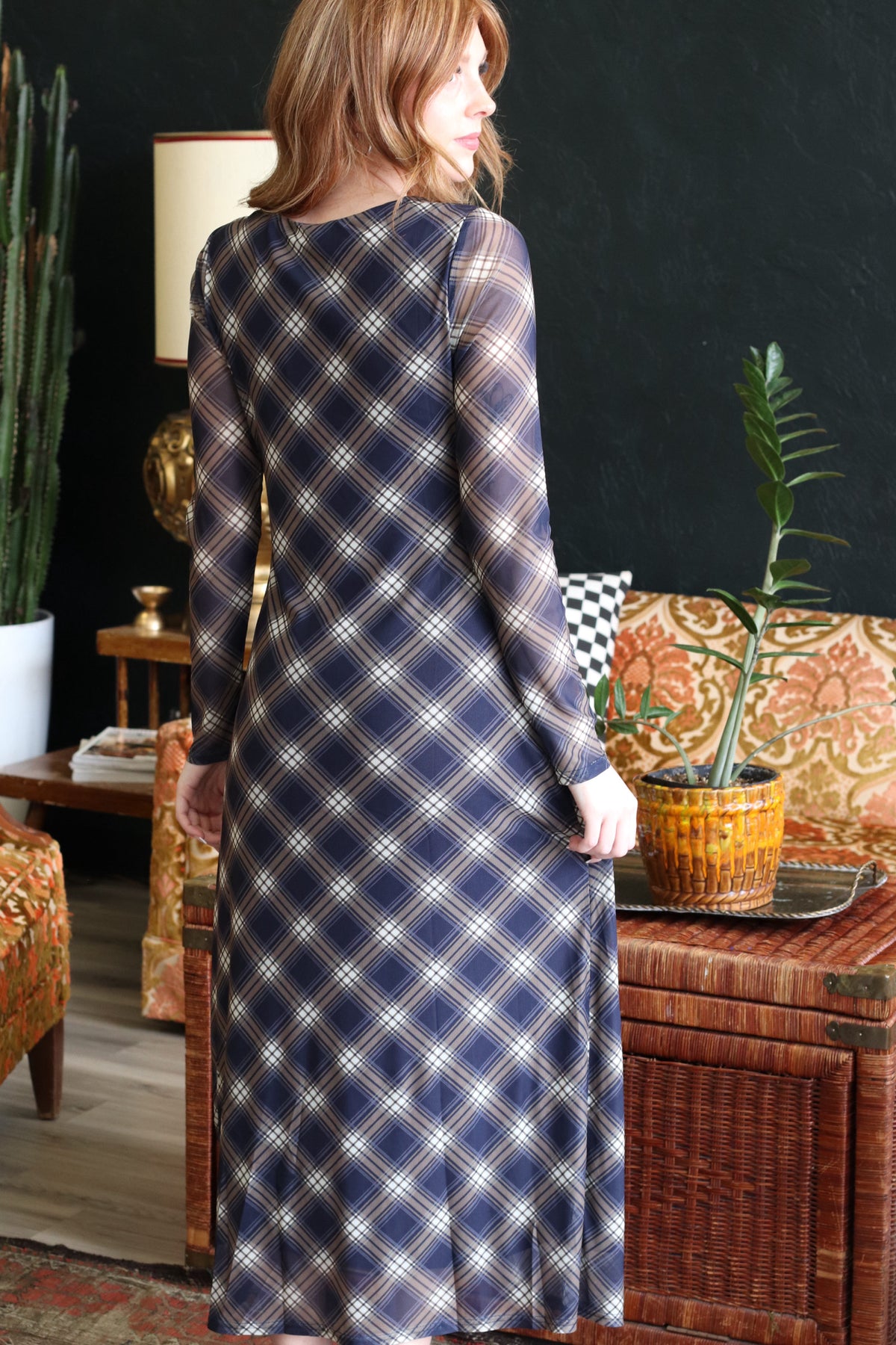 Trinity Navy Plaid Long Sleeve Maxi Dress