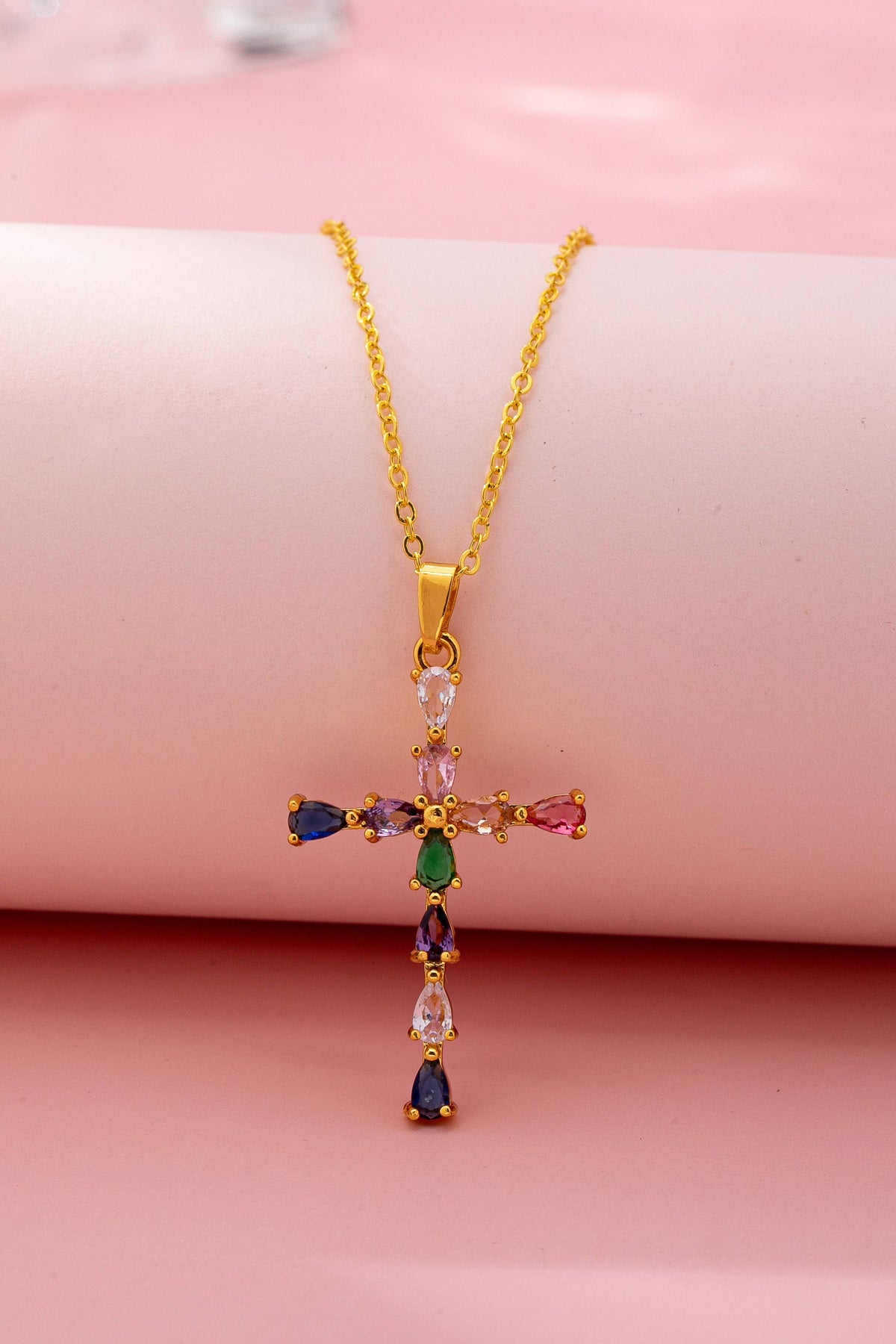 Rainbow Crystal Cross Pendant Necklace