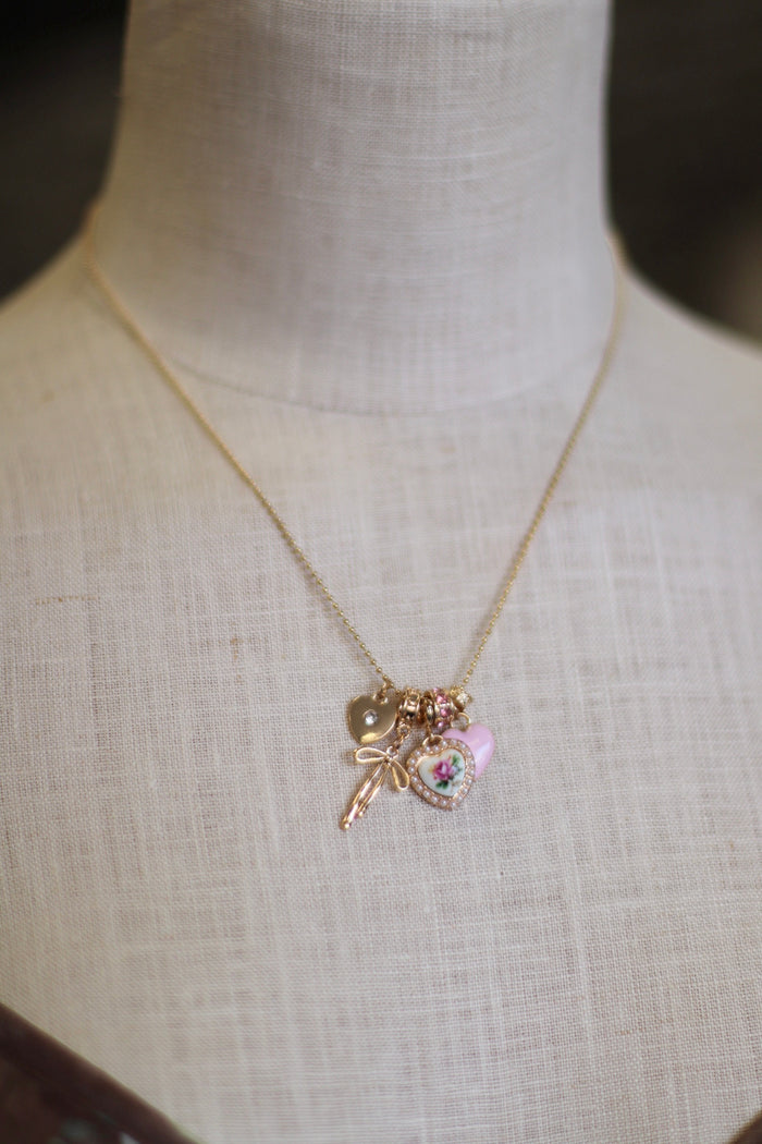 Girly Pop Heart & Bow Charm Necklace