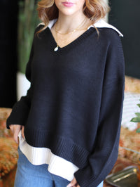 Veronica Collared V-Neck Sweater + Black