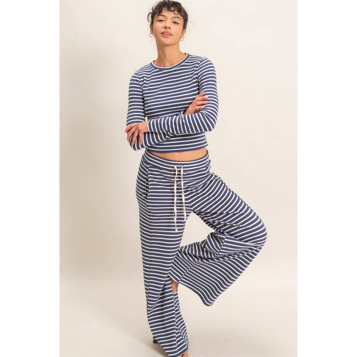 Blue Striped Ribbed Knit Long Sleeve Top & Pants Set