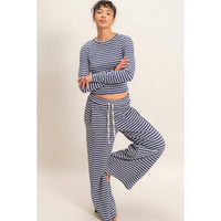 Blue Striped Ribbed Knit Long Sleeve Top & Pants Set