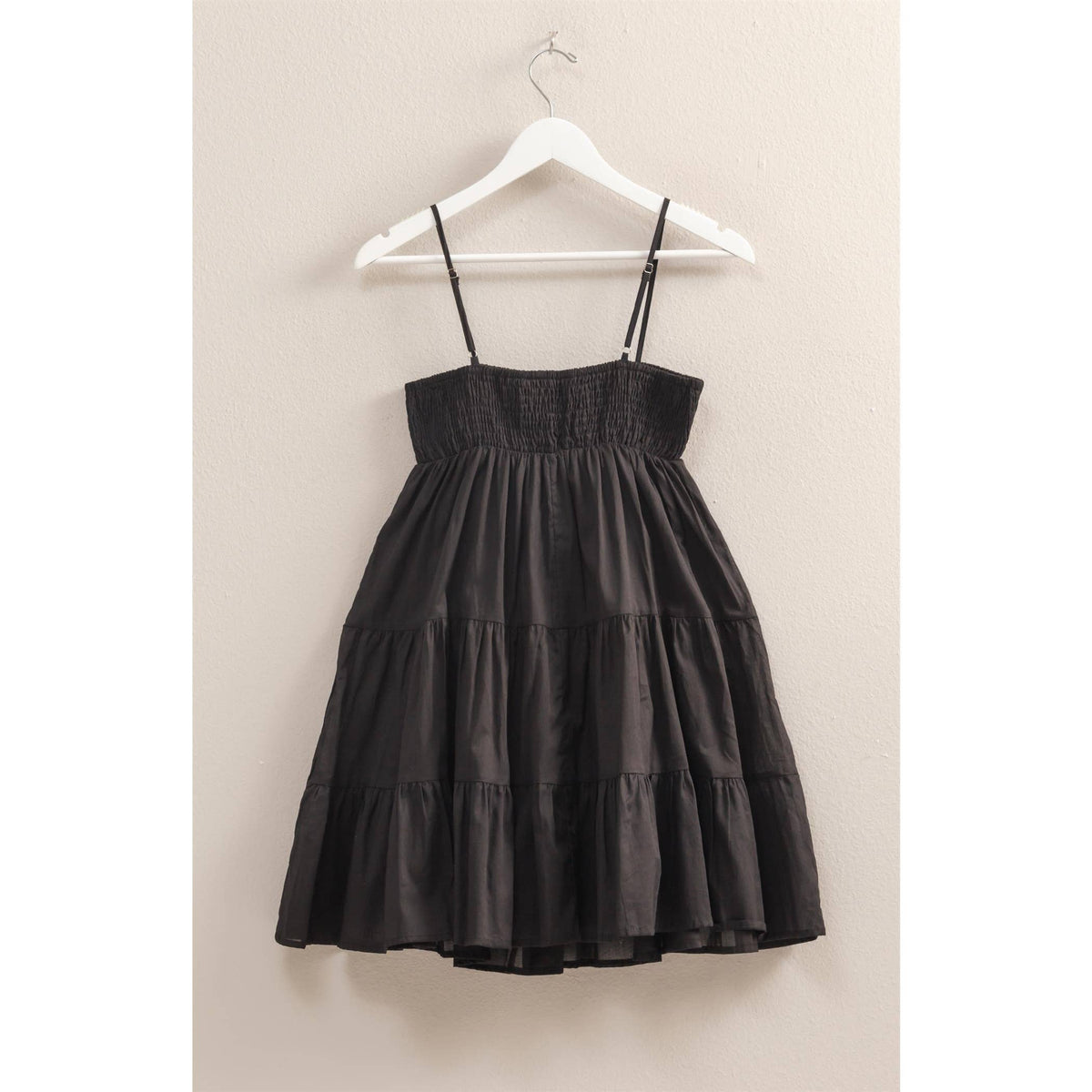 Cotton Smocked Tiered Mini Dress in Black