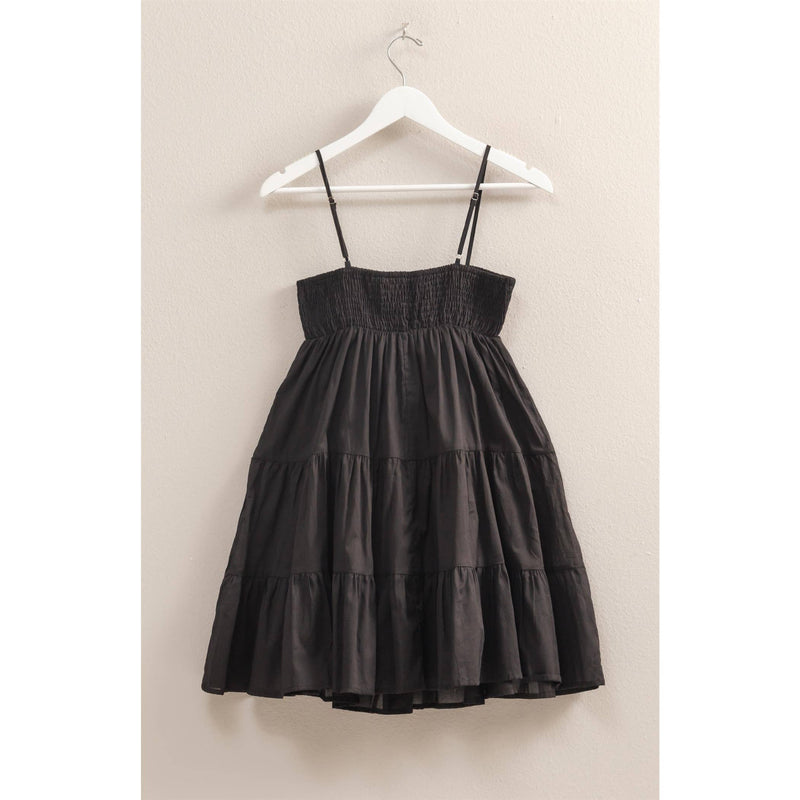 Cotton Smocked Tiered Mini Dress in Black