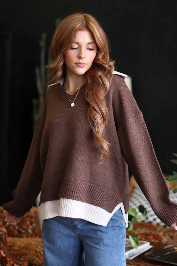 Veronica Collared V-Neck Sweater + Brown